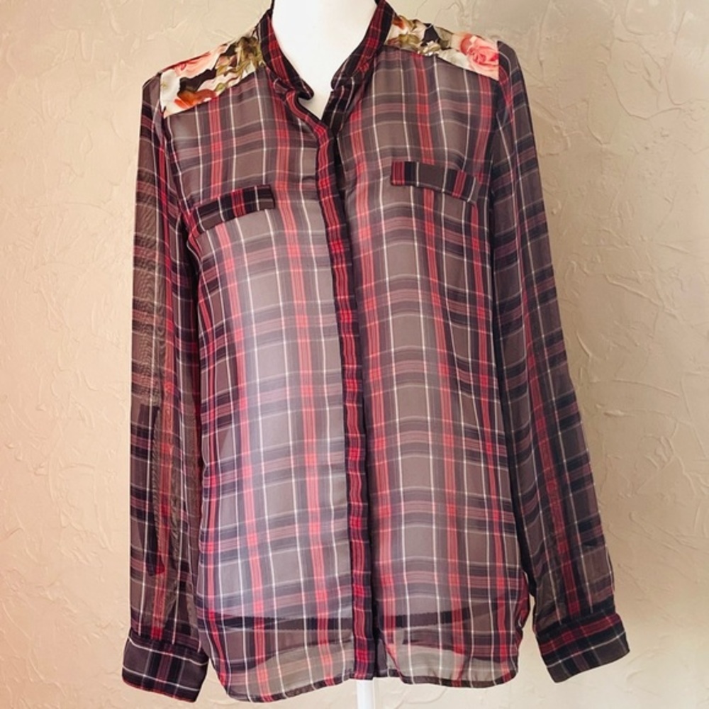 3/$25 Small MNG Collection black/red plaid sheer button down w/ floral accents